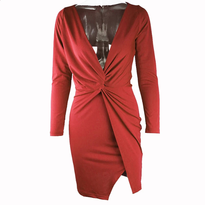 Summer Womens Sexy Deep V Twist Irregular Long-sleeved Nightclub Dress 240823