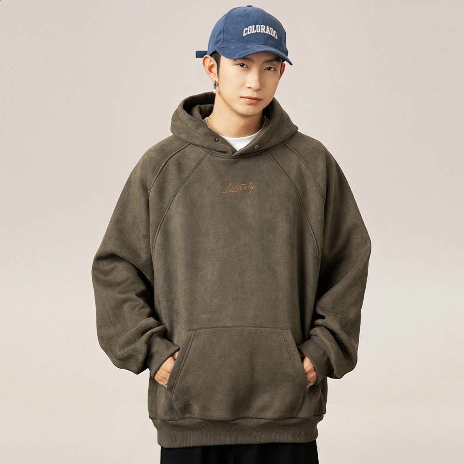 Mens Retro Suede Hoodie Loose Casual Pulling Sports Shirt Street Clothing Harajuku Super Hip Hop 240823