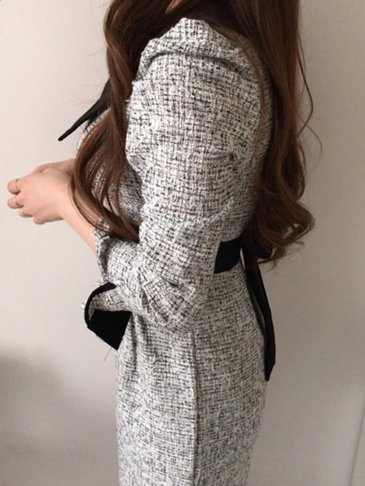 EWQ Fashion Contrast Lapel Lace Up Collect Waist Tweed Dress Autumn spring Thickened Mid-calf Women Dresses 16R871 240824