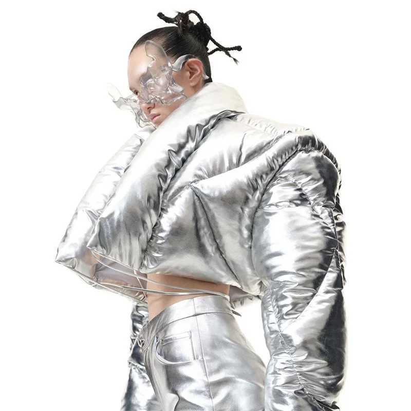 Women's Down Parkas Women Shiny Silver Crop Puffer Jackets Winter Thick Bubble Coats High Waist Bandage Metallic Silver Cardigan Puff Parkas Jack
