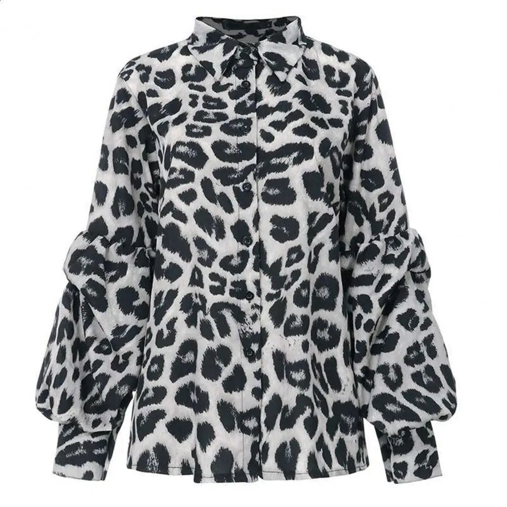 Women Lapel Lantern Long Sleeve Shirt Leopard Dot Print Single Breasted Blouse Casual Fit Shirt Tops Streetwear 240823