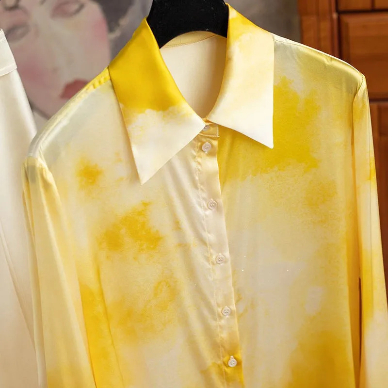 Gradient Yellow Satin Summer Shirt for Women Long Sleeve Spring Autumn Elegant Woman Blouses Office Ladies Tops blusas para 240823