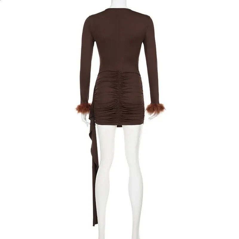 Sexy Fur Patchwork Long Sleeve Women Dress Hollow Out O Neck Mini Dress Autumn Party Skinny Outfits Clothing Clubwear 832 240823