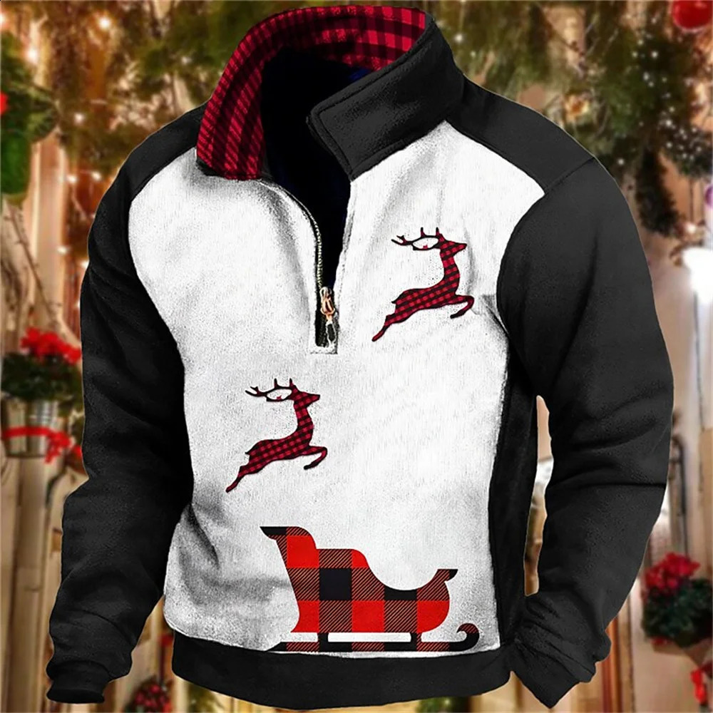 Fashion Zipper Sweatshirt Men Christmas Vintage Polo Jacket Autumn Pullover Casual Long Sleeve Tops Clothes For Mens Clothing 240823