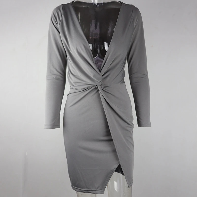 Summer Womens Sexy Deep V Twist Irregular Long-sleeved Nightclub Dress 240823