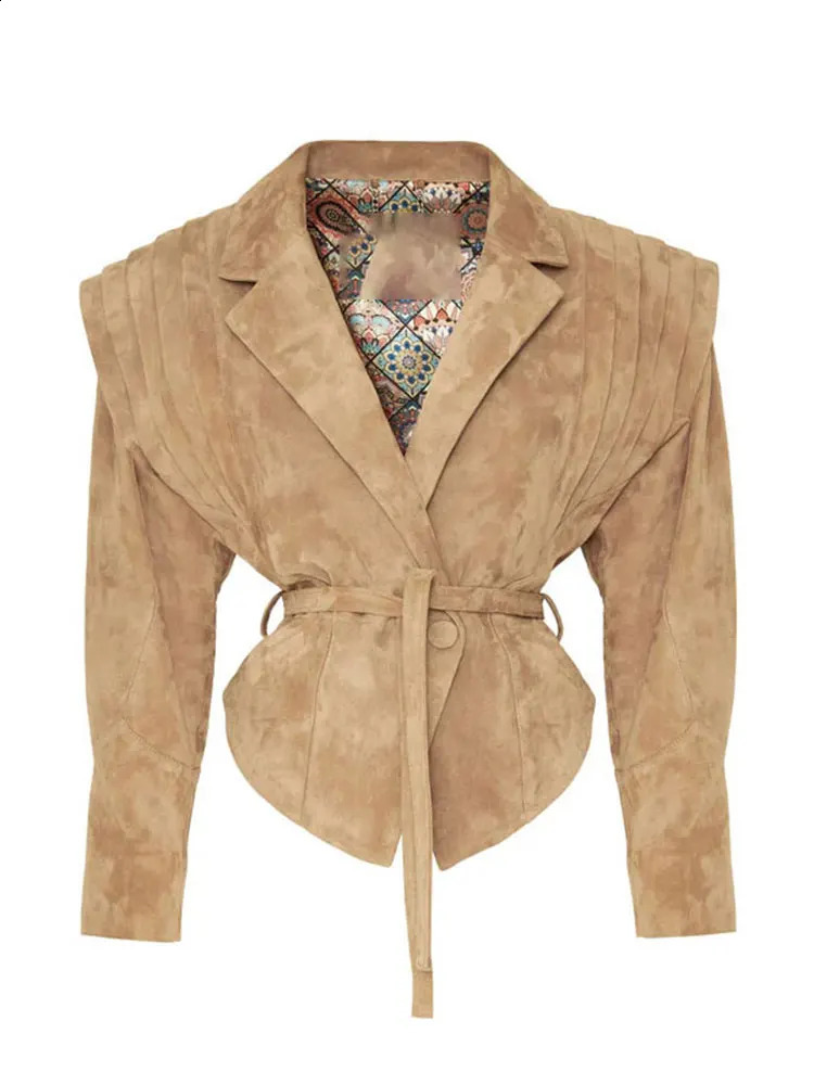 Fashion Women Suede Short Leather Jacket With Belt Pleated Shoulder Long Sleeve Lapel Button Cropped Coat Lady Street Outerwear 240823