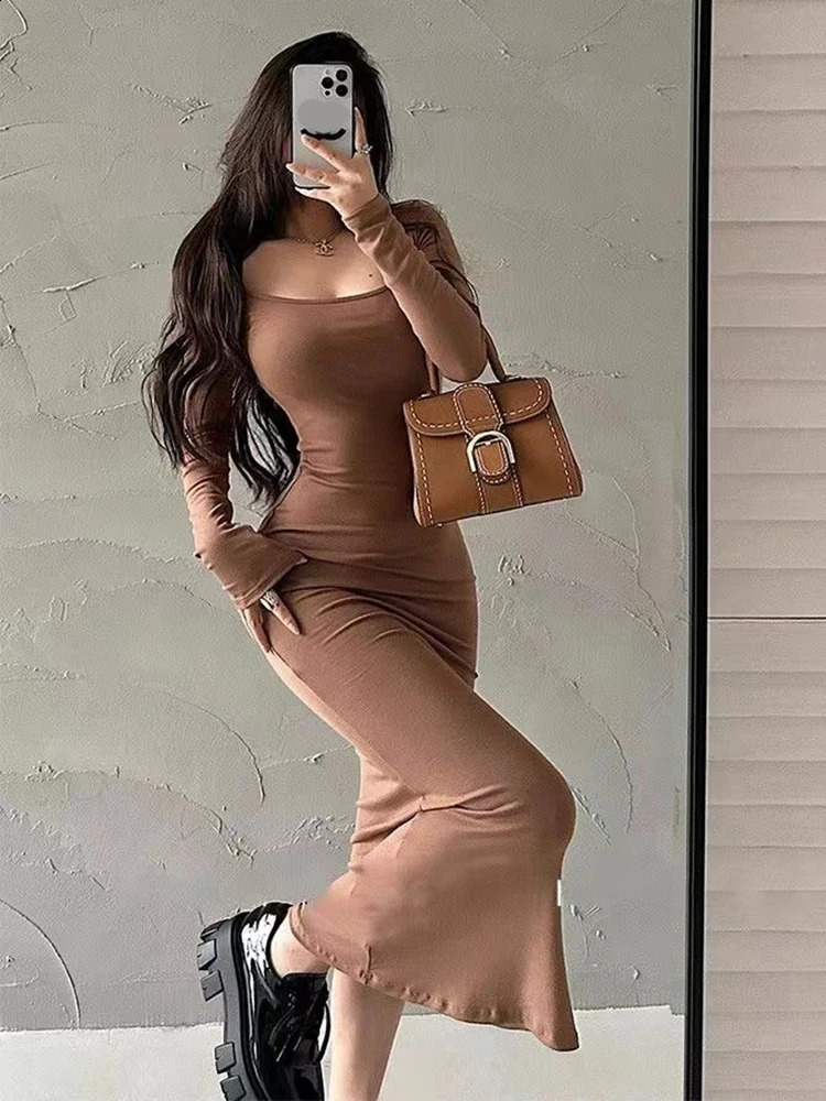 Ribbed Solid Long Sleeve Square Neck Skinny Bodycon Dress Women Autumn Sexy Evening Party Elegant Vestido Ladies Long Dresses 240823