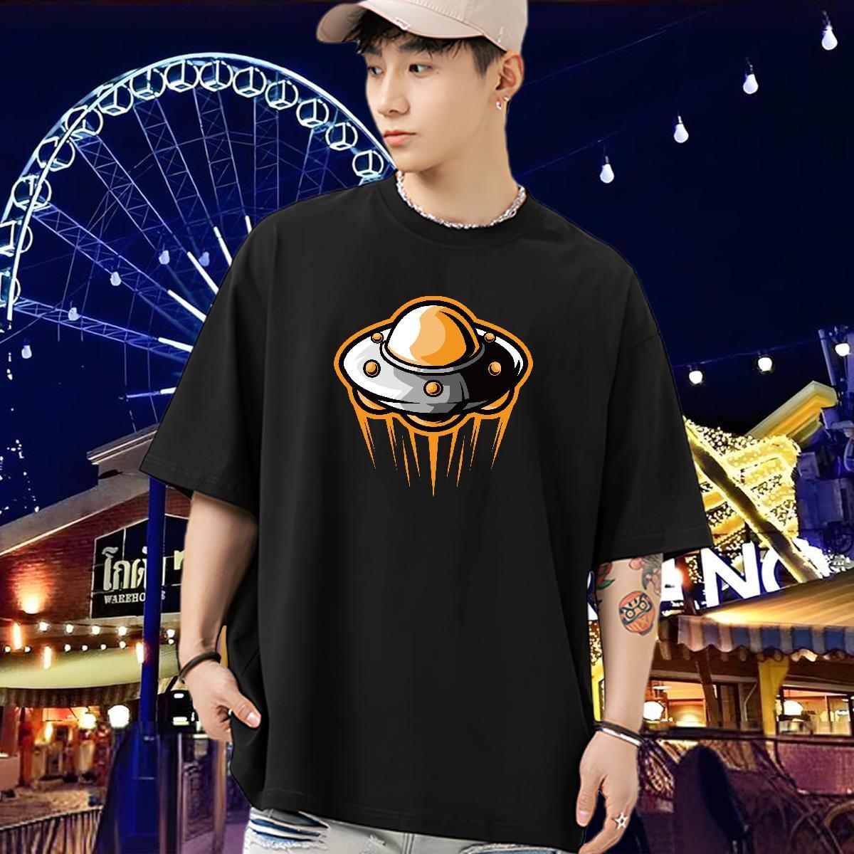 Brand T shirt 230g Pure Cotton UFO Beach Floral Print Breathable Crew Neck Men Tees Classic Casual Tops