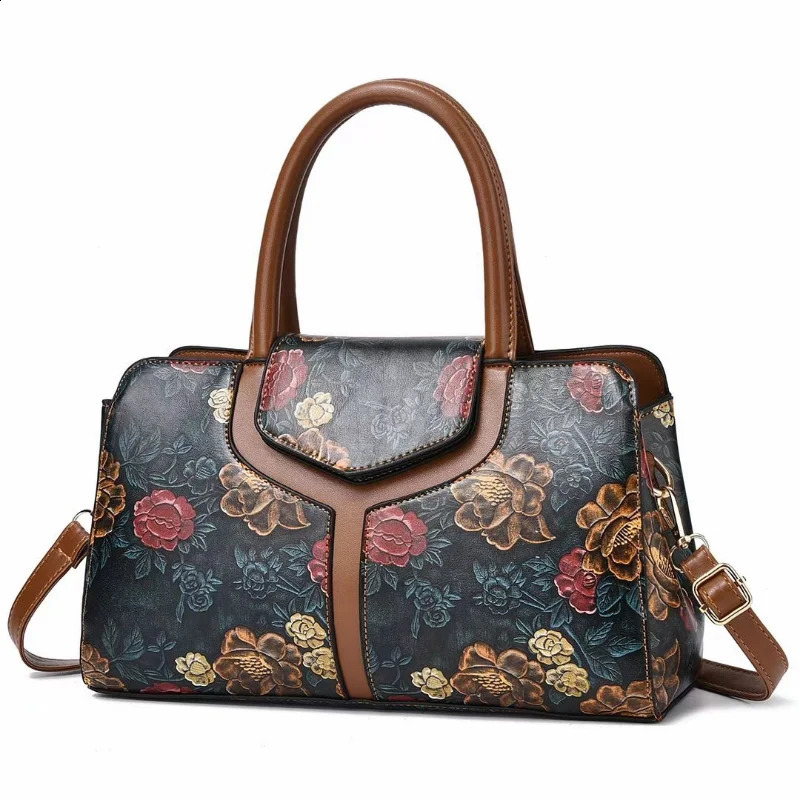Fashion shoulder bag womens retro floral pattern portable handbag PU Communicating Boston womens cross body handbag 240904