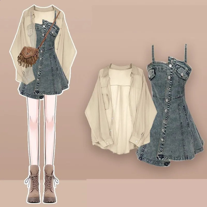 Womens Summer Vintage Denim Dress Matching Set Korean Elegant Chiffon Sunscreen ShirtCow Strap Skirt Two Piece Suit 240823