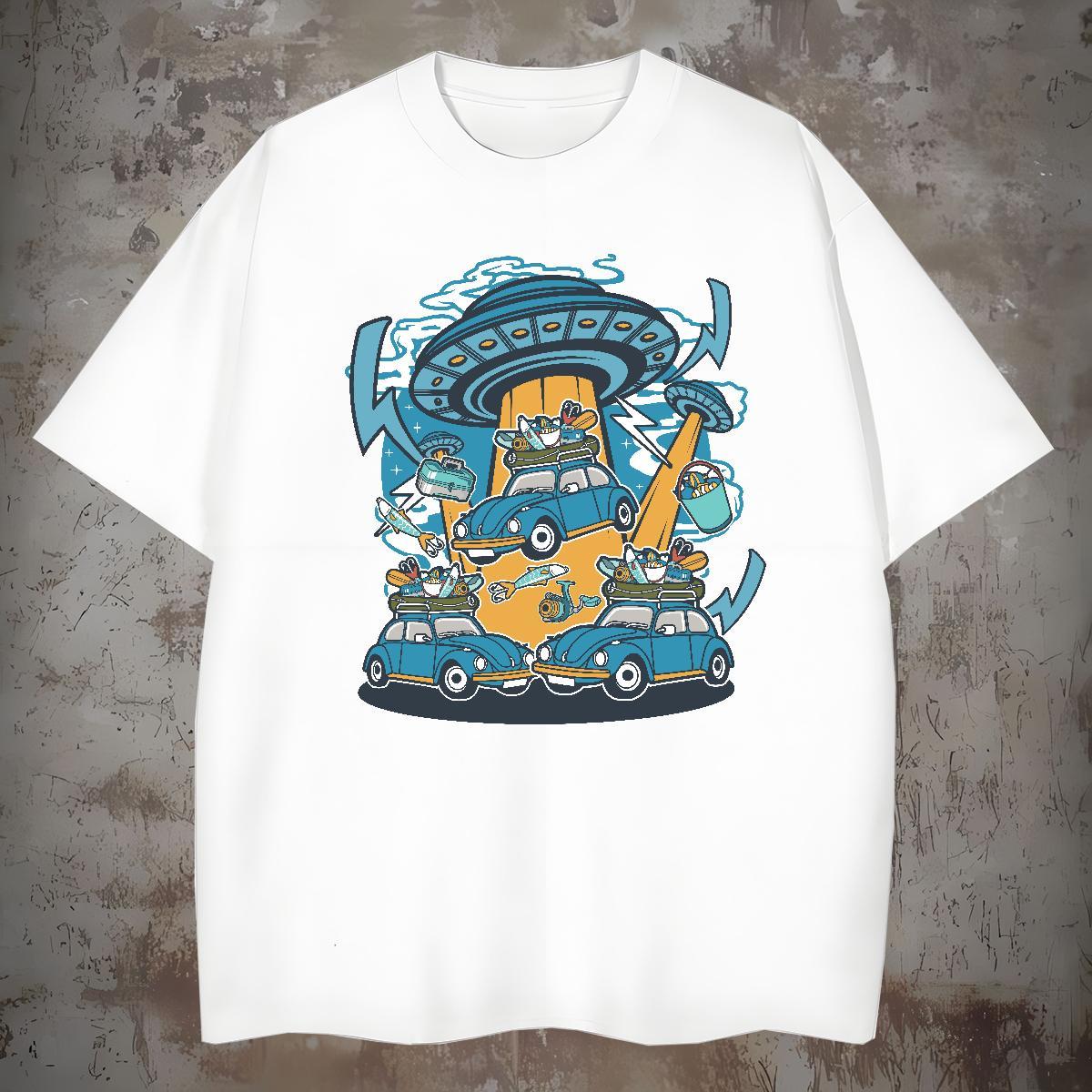 Loose Fit Man T Shirts 230g Cotton UFO Summer Casual Cartoon Print Short Sleeve O-Neck Men Tops Tees Wholesale Polos
