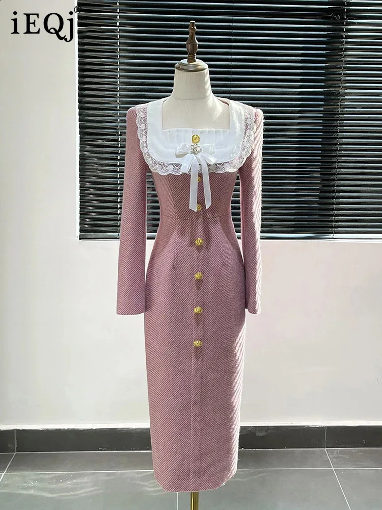 IEQJ Color Block Tweed Womens Dresses Square Collar High Waist Long Sleeve Elegant Dress Female Autumn 36A3181 240824
