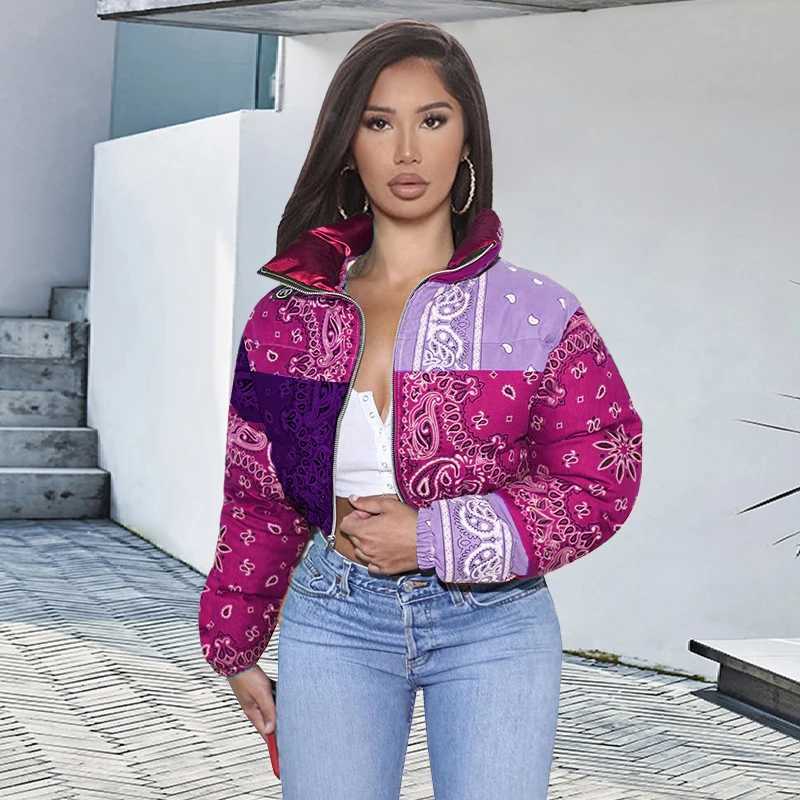 Women's Down Parkas Bandana Coat Paisley Printed Bubble Jackets For Women 2024 Winter Fashion Warm Parkas Casual Zipper Up Puffer Outerwear S-XXL