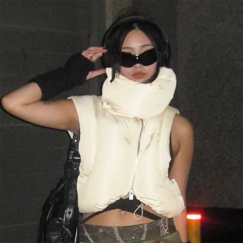 Women's Down Parkas Women Slveless Cute Puffer Jackets Shawl Collar Warm Irregular Bubble Coats Vest Zipper Drawstring Parka Puffly Cropped Jacke