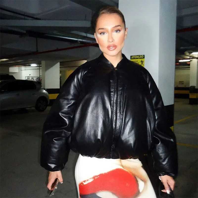 Women's Down Parkas Retro Women PU Leather Puffer Jackets Elastic Waist Warm Thick Bubble Coats Leather Puff Jacket Parkas Zipper Parkas Down Win