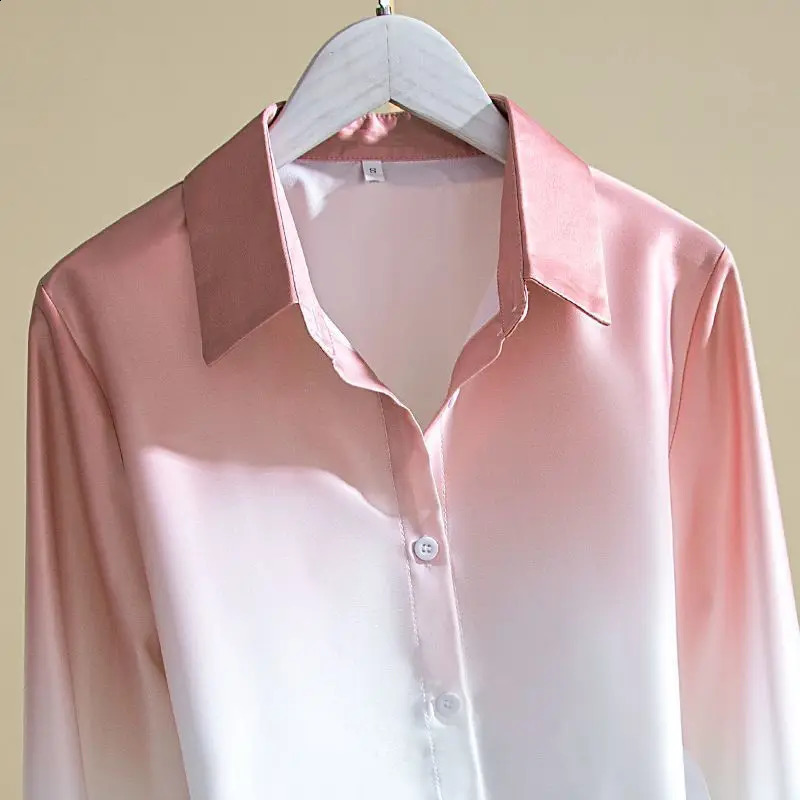 Womens Spring Autumn Fashion Polo-Neck Button Loose and Slimming Long Sleeved Personalized Gradient Western-style Shirt Top 240823