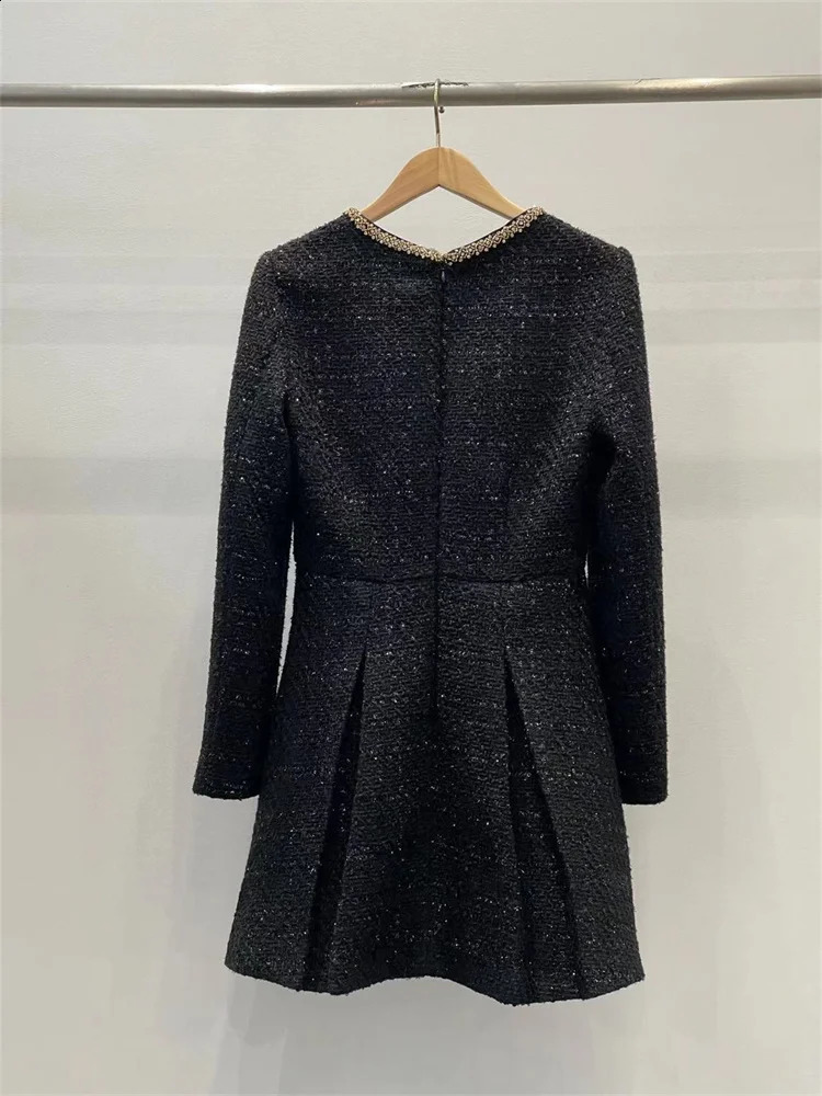 Pearl Buttons Ladies Slim Fit A-Line Short Robes Spring Womens Long Sleeve Square Collar Black Tweed Mini Dress 240824