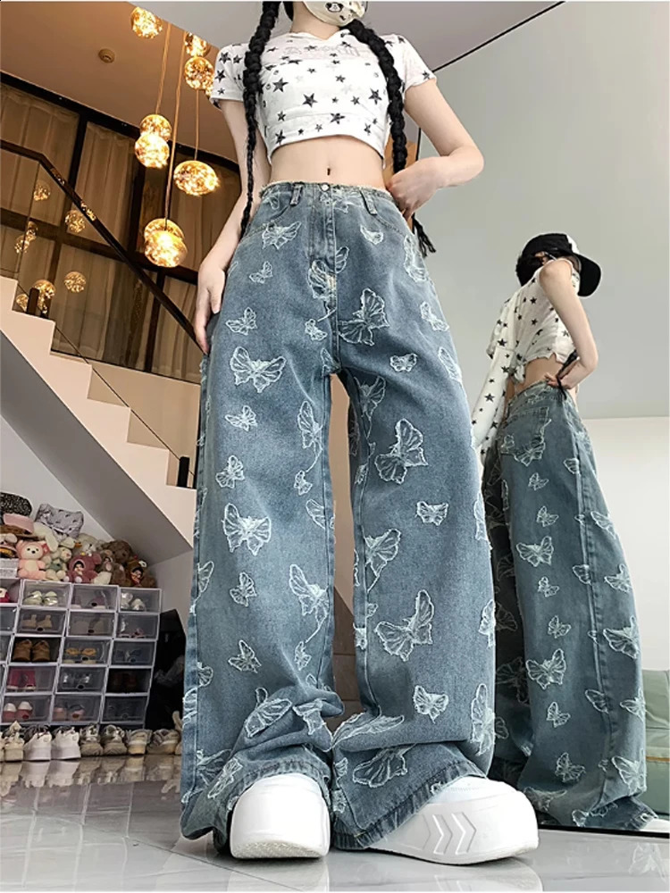 Womens Blue Jeans Harajuku Y2k 2000s 90s Fashion Street Clothing Pocket Denim Trouser Butterfly Retro Garbage 240823