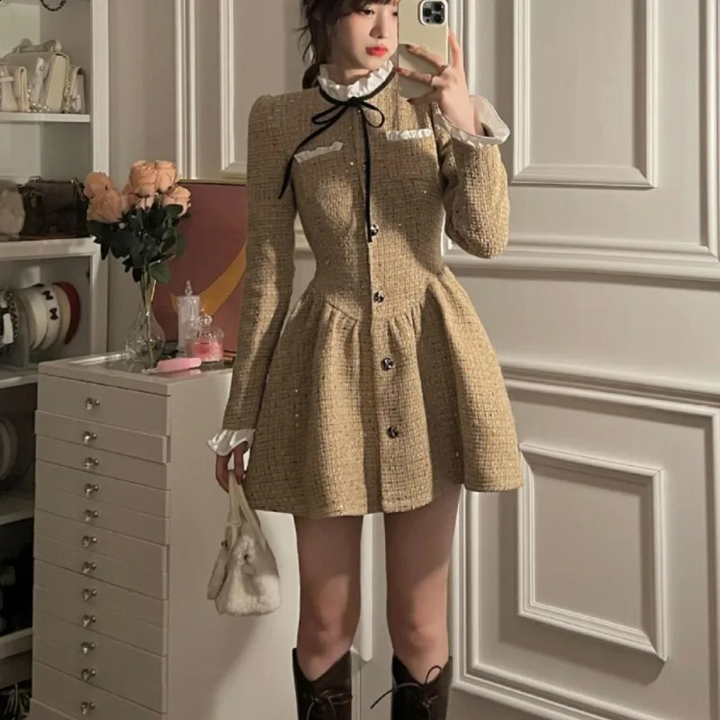 Autumn Winter Long Sleeved Dress Tweed Vestidos Elegantes Para Mujer Mini Party Plaid Retro Women Clothing Y2k Robe 240824