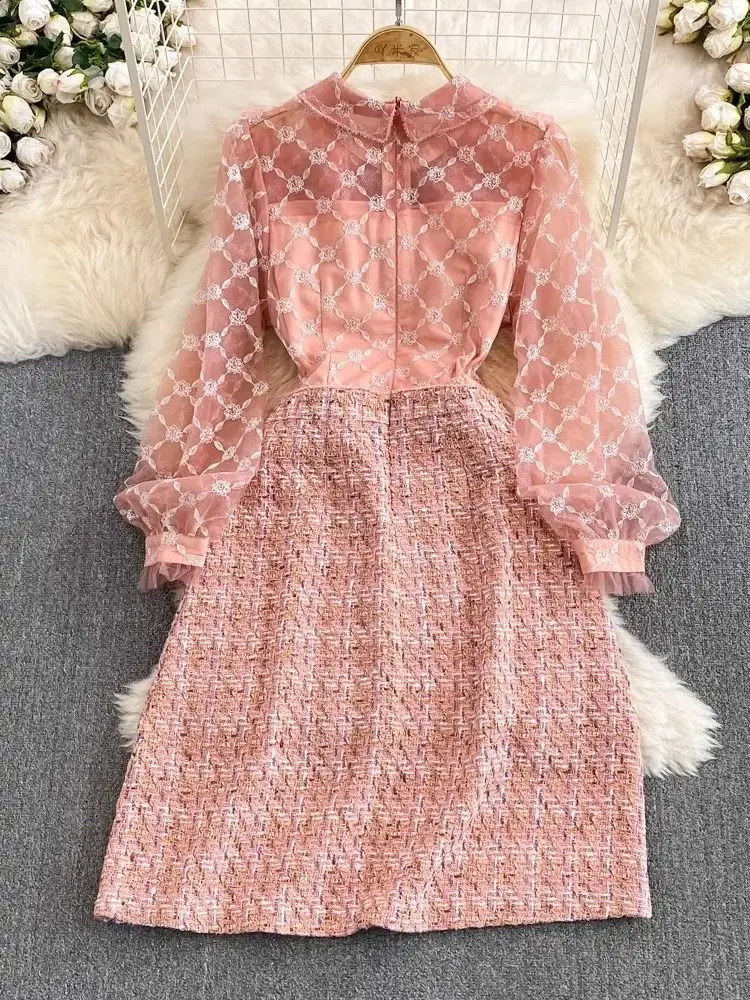 Fashion Celebrity Lace Mesh Flower Embroidery Ruffles Stitching Tweed Long Sleeve Diamonds Buttons Woolen Short Dresses 240824