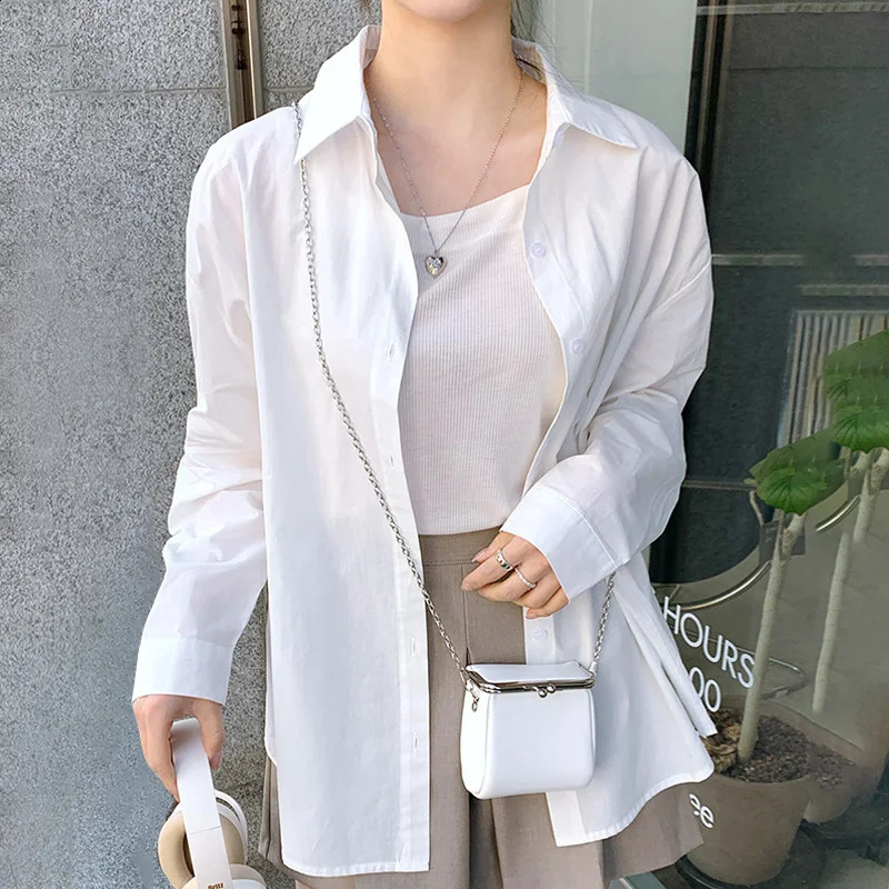Fashion Spring Autumn Simple And Casual Loose Versatile Pure Color Lapel Shirt WomenS 100% Cotton Long Sleeve Underlay 240823