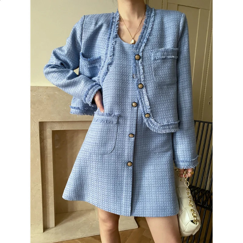 French Aristocratic Temperament Tweed Tassel Simple Coat Sleeveless Dress Korea Elegant Casual Loose Two Piece Set for Women 240823