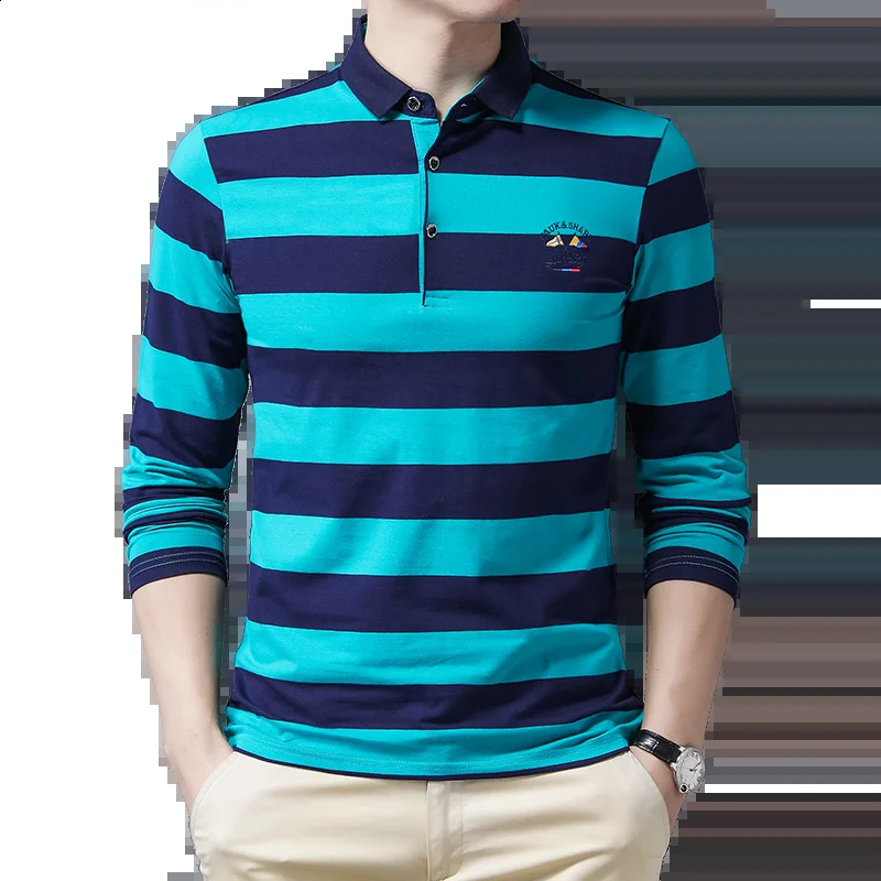 Summer Stripe Embroidery Mens Street Clothing Polo Shirt Cotton Casual Top Fashion Street Long Sleeve Mens Clothing 240824