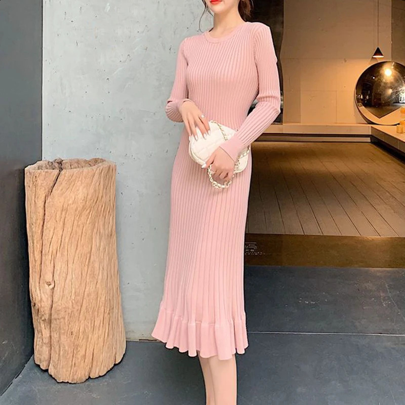 Women Clothing Autumn Winter Fashion Elegant Ruffle Ribbed Knitted Dresses Casual Solid O Neck Long Sleeve Slim Basic Midi Dress 240824