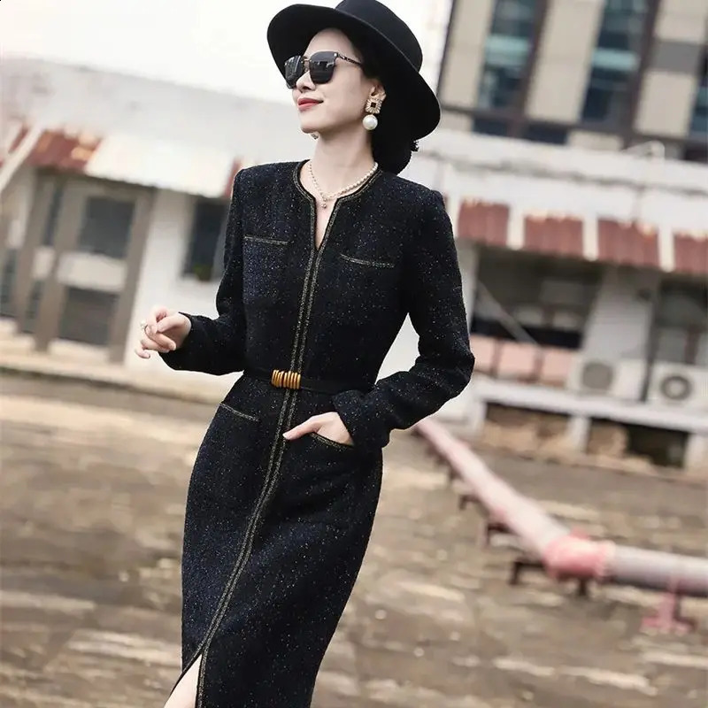 Autumn Winter Elegant Tweed Party Dress Fashion Bright Silk Split Midi Dress Women Long Sleeves Slim Celebrity Vestidos 189P 240824