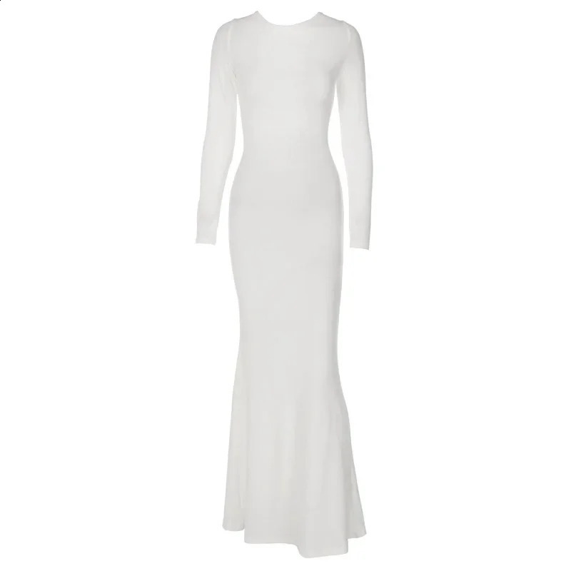 Europe and the United States wind autumn womens tie rope sexy backless long-sleeved solid color Slim temperament dresses 240823