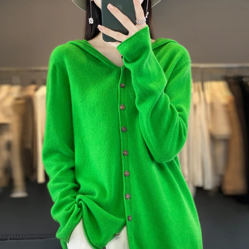 Merino wool Cardigan hat Fall/winter cashmere sweater womens o collar 100% wool warm bottom knit shirt top 240824