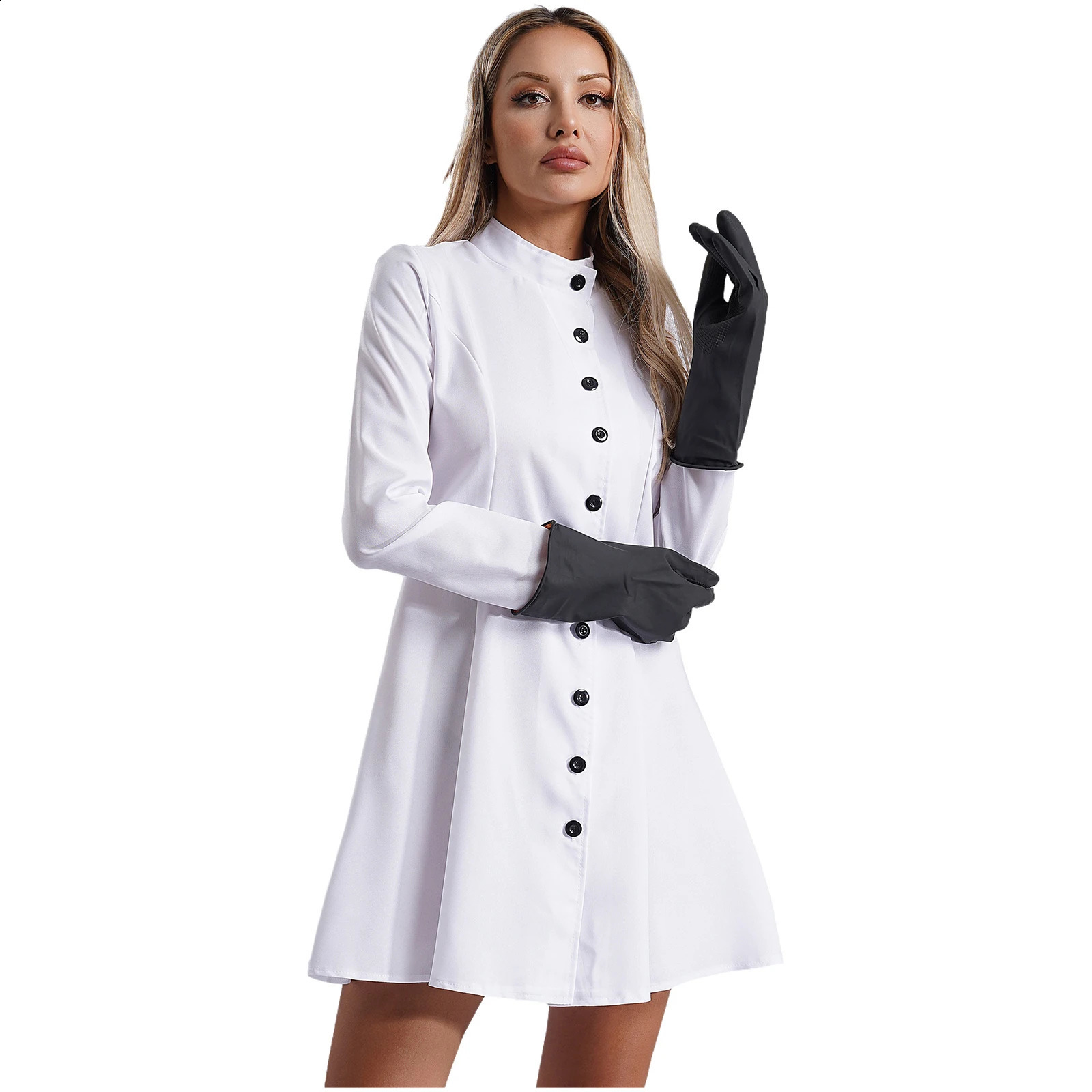 Female Halloween Doctor Nurse Crazy Scientist Role Playing Costume Long Sleeve White Laboratory Coat Theme Party Makeup w240824