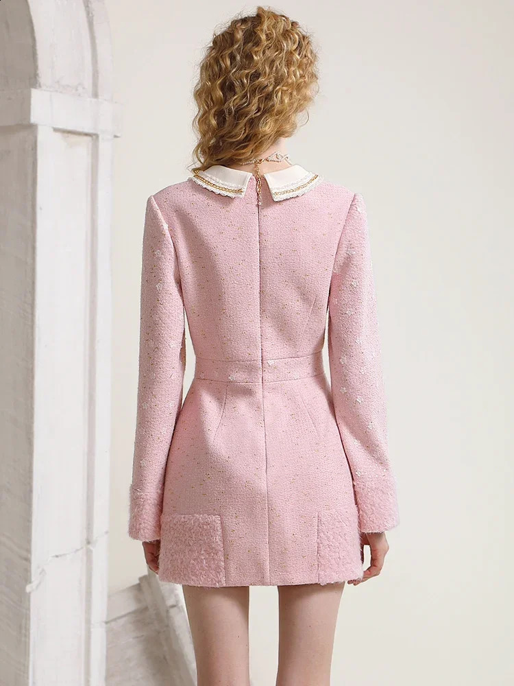 Sweet Pink Jacquard Diamond Decorations Lace Slim Waist Tweed Dress Fall Winter Lapels Long Sleeve Slim Fit Short Dress Lady 240824