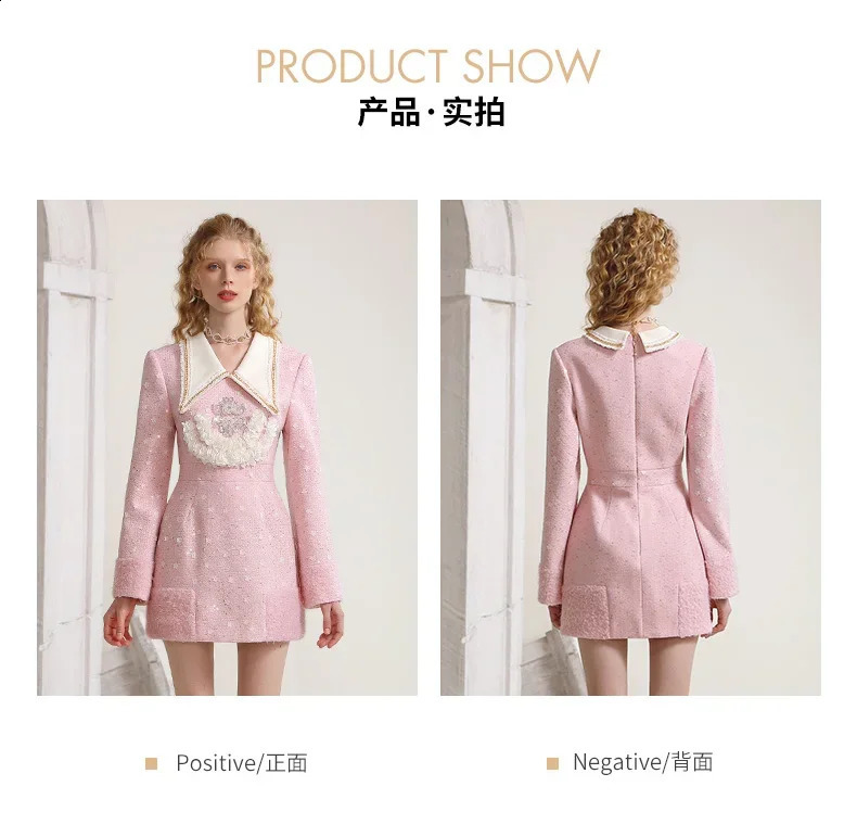 Sweet Pink Jacquard Diamond Decorations Lace Slim Waist Tweed Dress Fall Winter Lapels Long Sleeve Slim Fit Short Dress Lady 240824