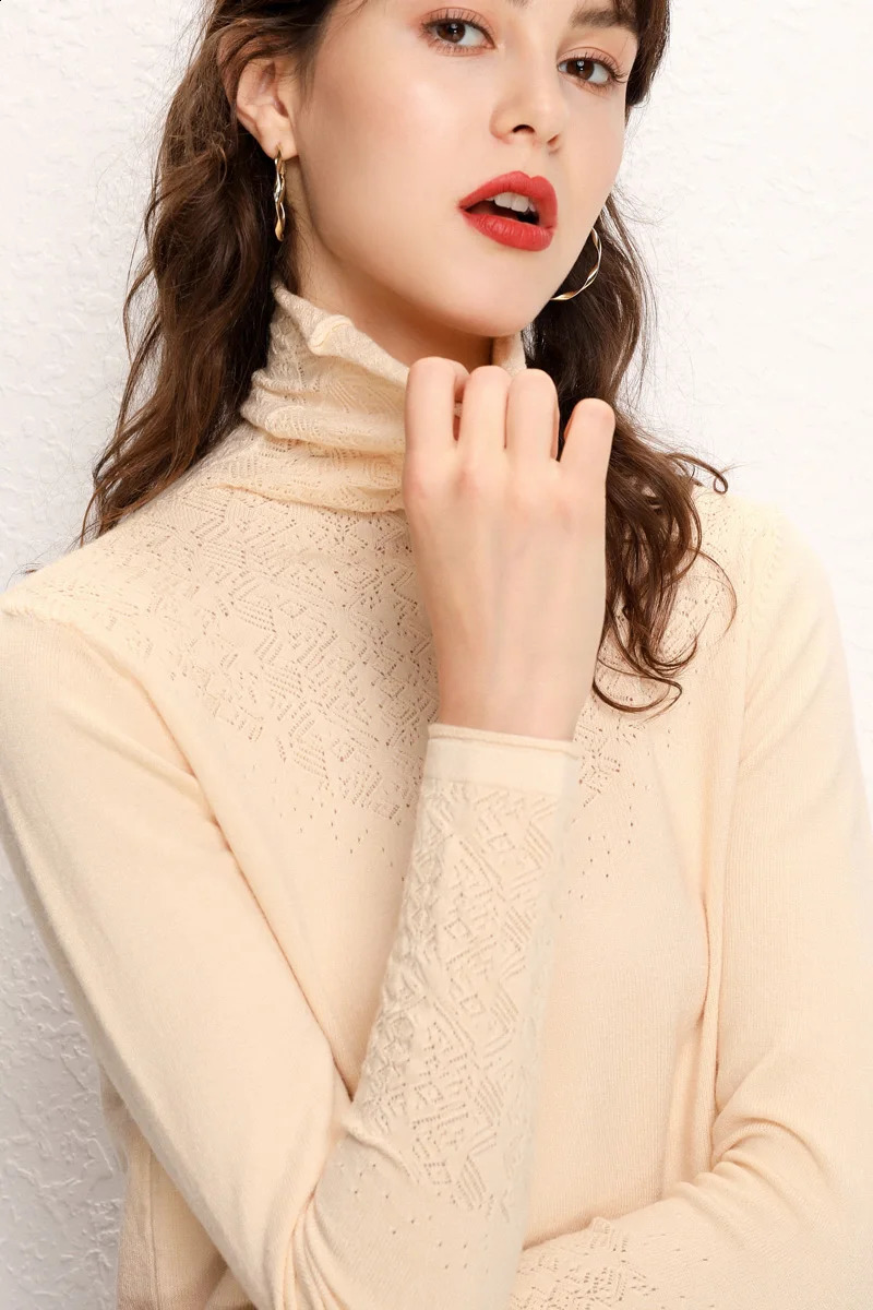 Women Merino Wool Sweater Pile Collar Pullover Cashmere Knitwear Solid Color Hollowed Jacquard Clothing Basic Spring Autumn Tops 240824