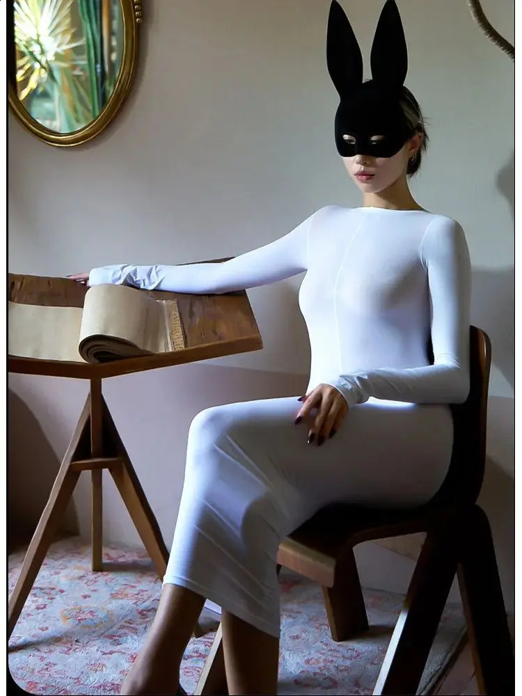 Long Sleeve 120D Matt Nylon Midi Dress Tights Package Hip Dresses Bodystocking Transparent Sexy Vestido Lingerie Clubwear Jupe 240823