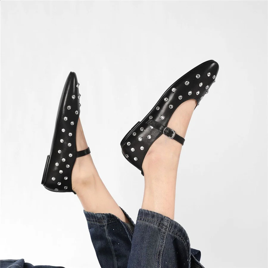 2024 Rivet Womens Ballet Apartment Black Dance Shoes Womens Shoulder Straps Mary Janes Comfortable Outdoor Loafers Flat Espadrillles 240823