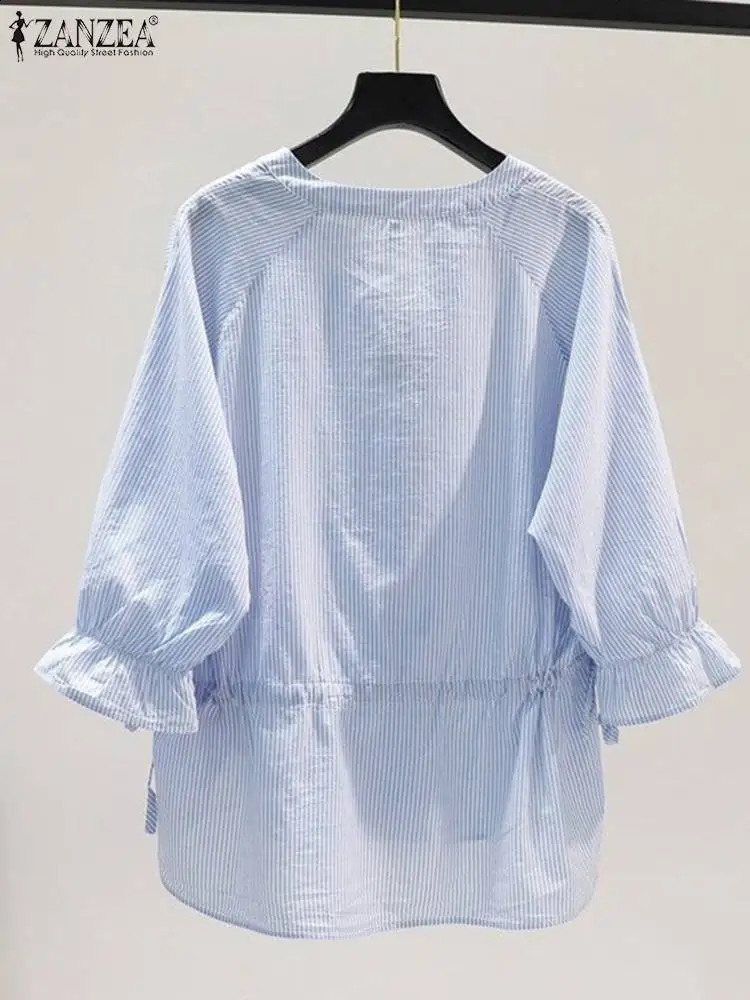 ZANZEA Women Striped Shirt Korean 3/4 Sleeve Blouse Fashion V Neck Buttons Shirt Drawstring Asymmetrical Tunic Casual Loose Tops 240823