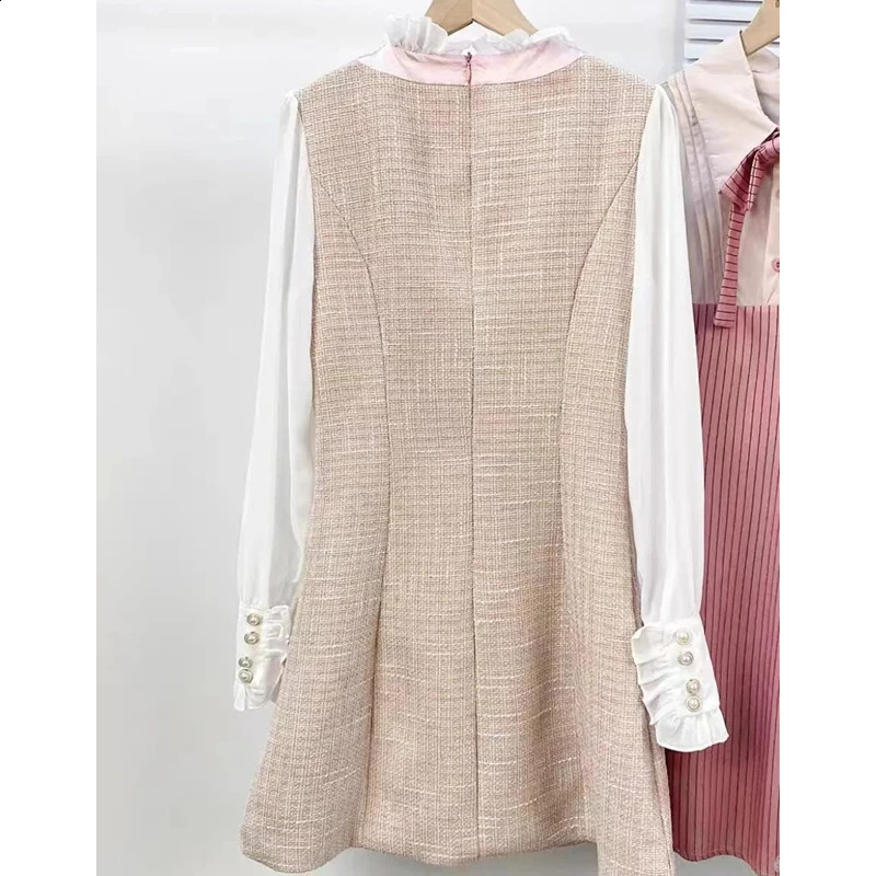 Women Spring Autumn Sweet Pink Mini Dress Korean Lady Graceful Bowknot Patchwork Long Sleeve Dresses Tweed Gown Female 240824