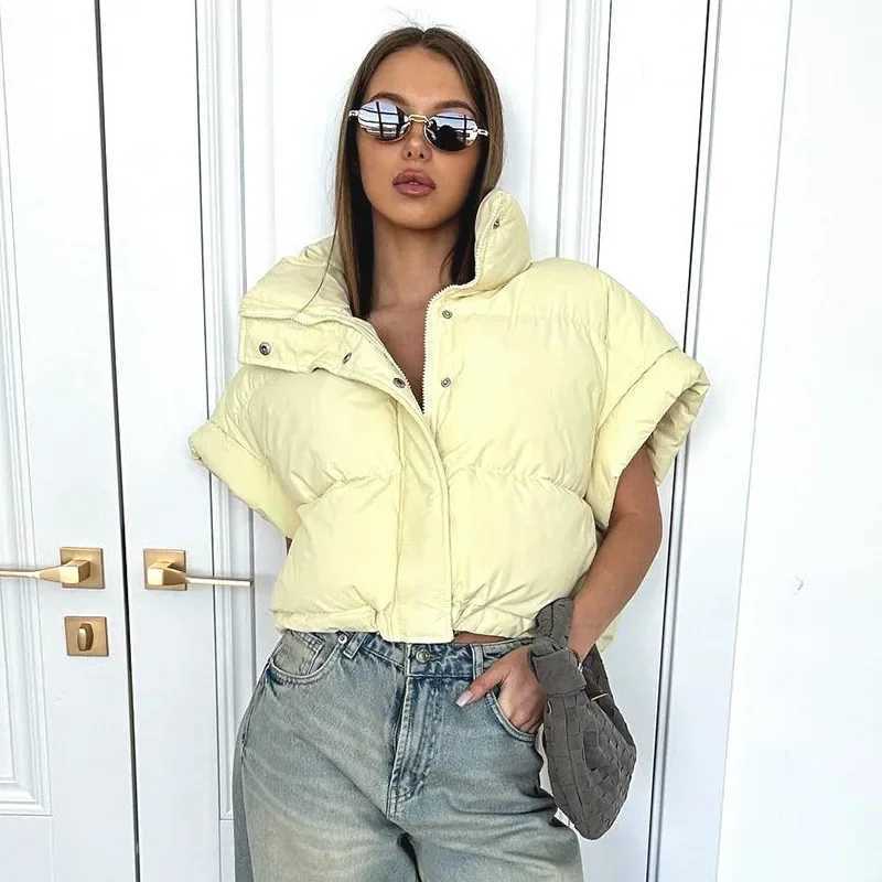 Women's Down Parkas Fashion Women Short Slve Zipper Button Puffer Jacket Vest Warm Bubble Coats Drawstring Parkas Down Stand Collar Crop Jackets 