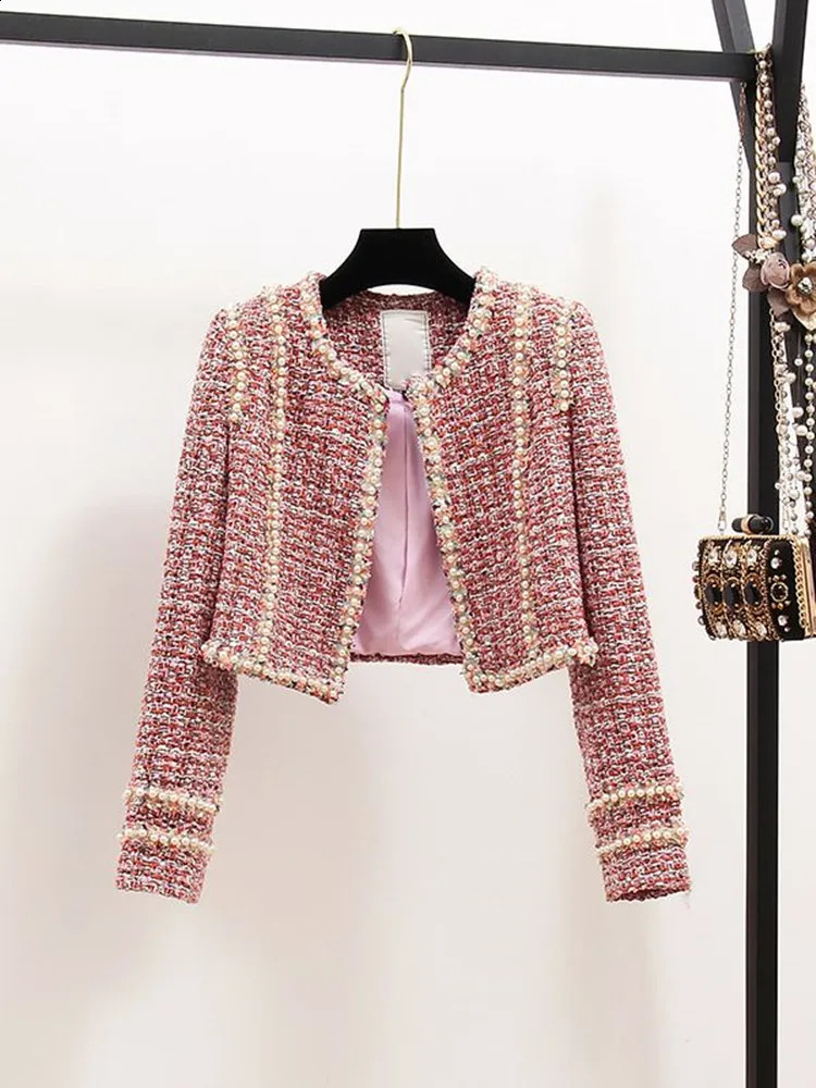 Winter Wool 2 Women Elegant Thick Short Jacket Coat Colorful Plaid Beading Tweed Vest Dress Two Piece Set 240823