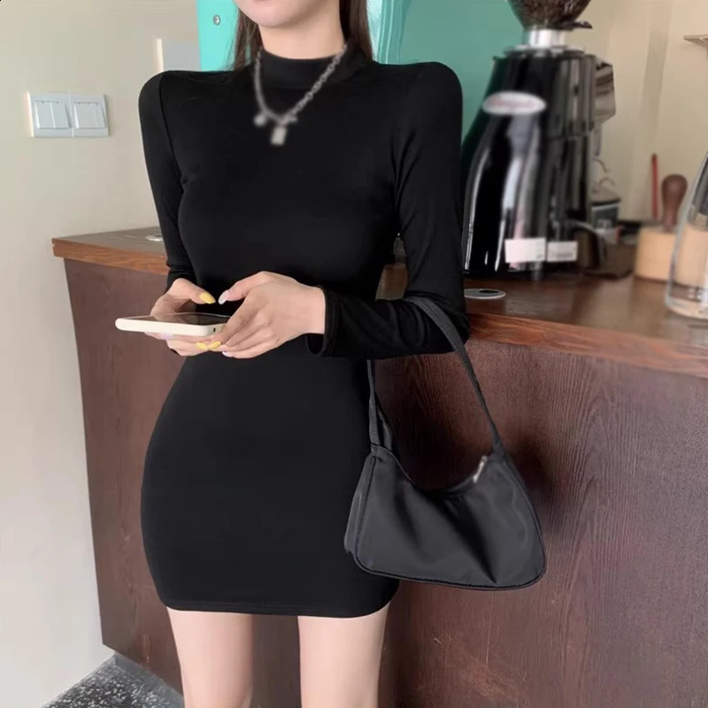 Spring Autumn Womens Bodycon Dress kpop Solid Colour Half High Collar Hollow out Backless Slim Sexy Long Sleeves Dress 240823