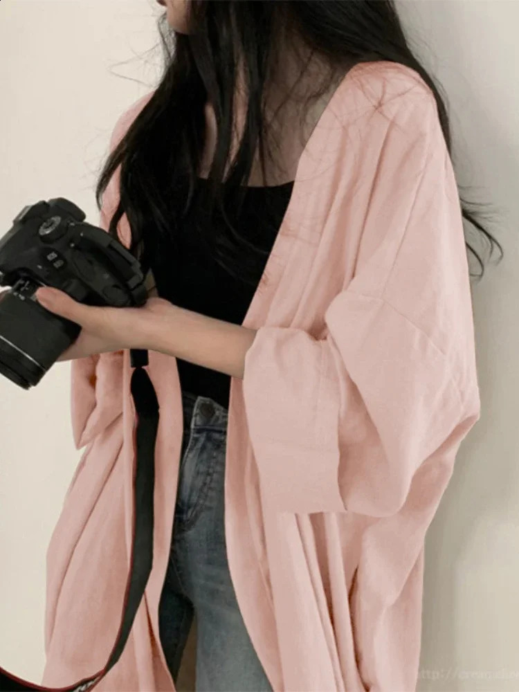 Summer Korean Style Womens Long Sleeve Cardigan Shirt with Sun Protection Loose Solid Color Thin Breathable Casual Jacket 240823