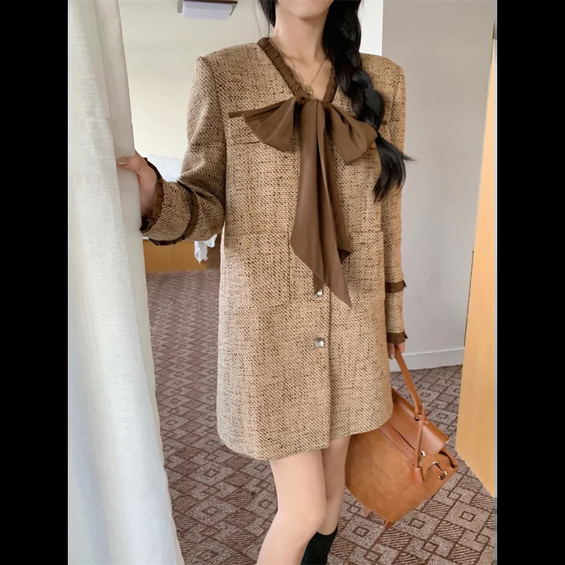 Women V-neck Patchwork Bow Tweed Suit Dress Autumn Winter Vintage Long Sleeve Loose Elegant French Sweet Mini Lady Dress 2XL 240824