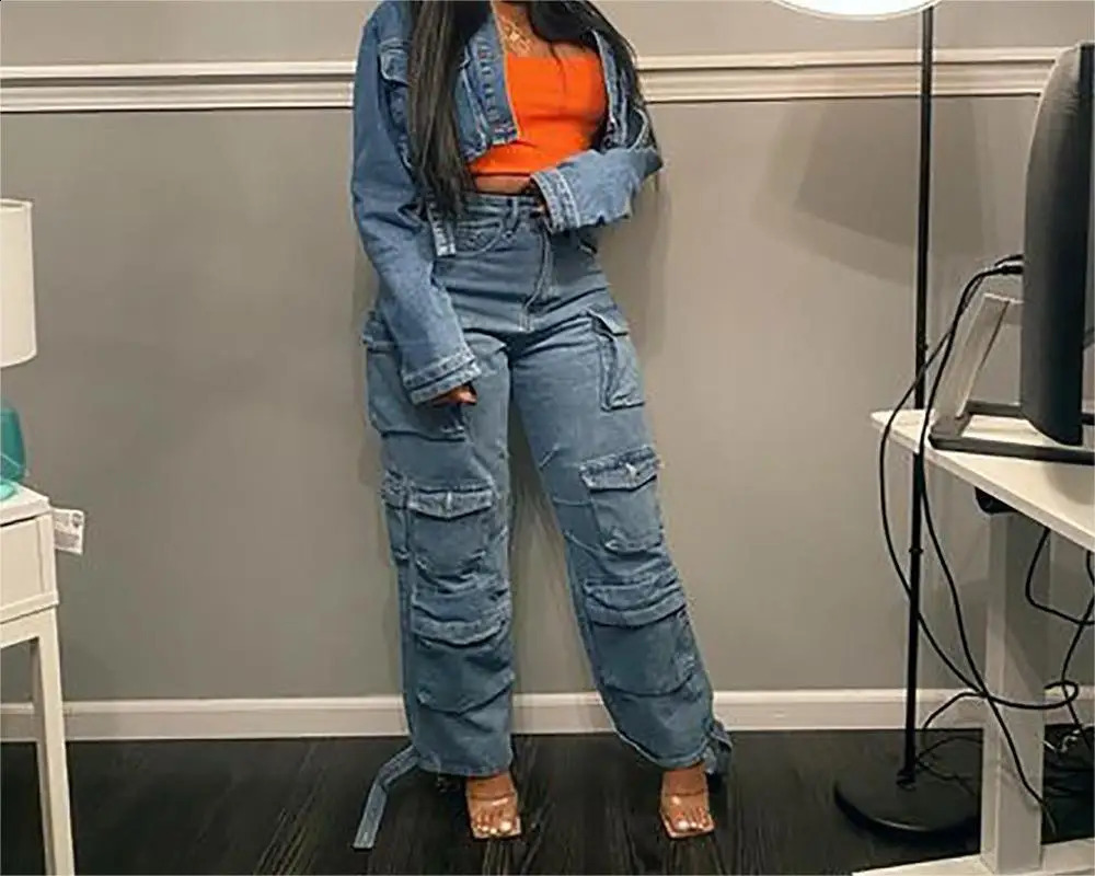 Womens denim jeans washing patch work cargo pants pocket mid waist zipper flight winter light stretch high street loose 240823
