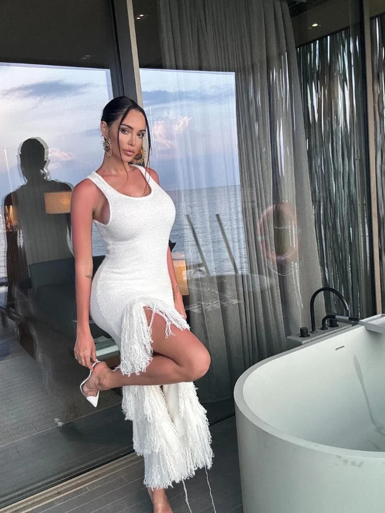 Womens Elegant Knitted Fringe Irregular Hem Dress Fashion Sleeveless Camisole Slit Slim Fit Robes Female Party Dresses