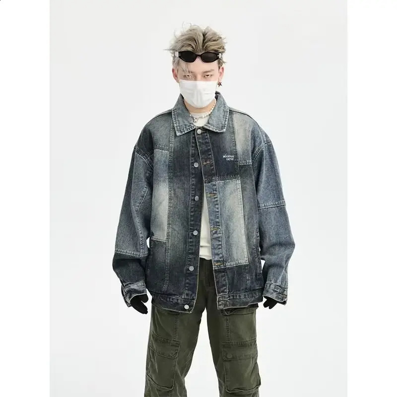 Patch work denim jacket mens high street letter embroidery university retro patch college loose autumn 240824
