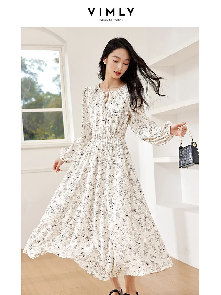 VIMLY Womens Elegant Long Sleeve Floral Print V-neck Casual Dress A-Line Knee-Length Elastic Waist Spring Autumn A-Line Dress 240824