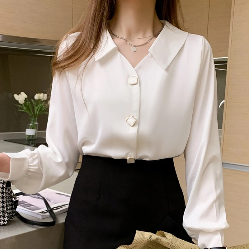 Autumn Womens Long Sleeved V-neck Vintage Lantern Sleeve Solid Simple Versatile Chiffon Shirt Blouse Camisas Tops A524 240823