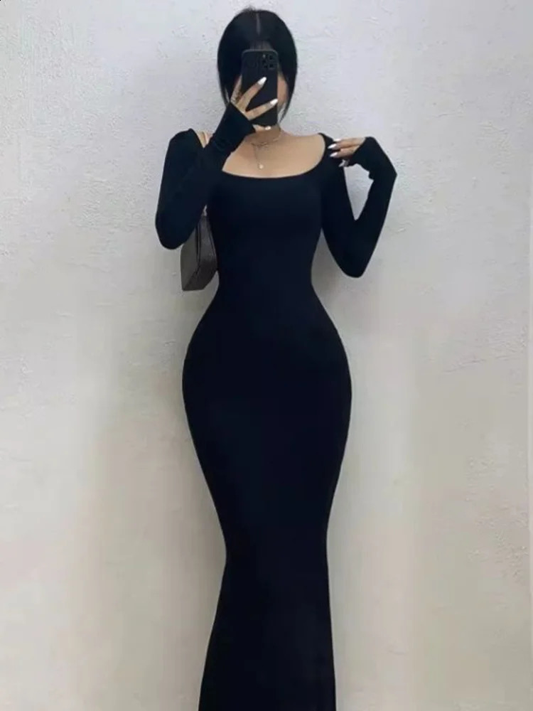 Ribbed Solid Long Sleeve Square Neck Skinny Mid Length Dress Black Fall Sexy Evening Party Elegant Vestido Ladies Long Dresses 240823